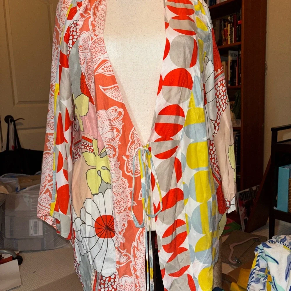 Eloise 100% Silk Kimono- Orange, Yellow, and Green pattern o/s ANTHROPOLOGIE - Picture 1 of 5